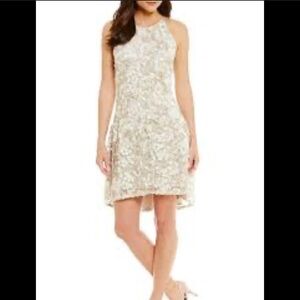 Adrianna Papell Beige and Gold Embroidered Dress